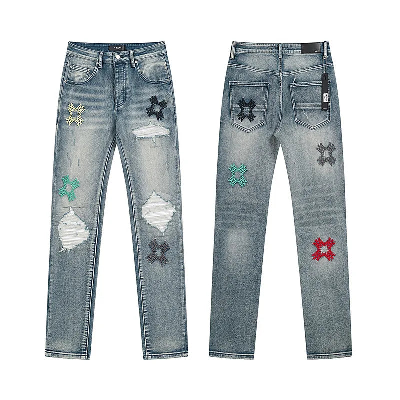 High Quality Luxury Designer Brand Amiriy Vintage Summer Mid Slim Fit Distressed Rhinestone 100% Cotton Denim Jeans Streetwear