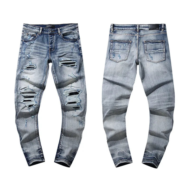 High Quality Luxury Designer Brand Amiriy Vintage Summer Mid Slim Fit Distressed Rhinestone 100% Cotton Denim Jeans Streetwear