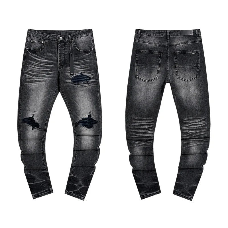 High Quality Luxury Designer Brand Amiriy Vintage Summer Mid Slim Fit Distressed Rhinestone 100% Cotton Denim Jeans Streetwear