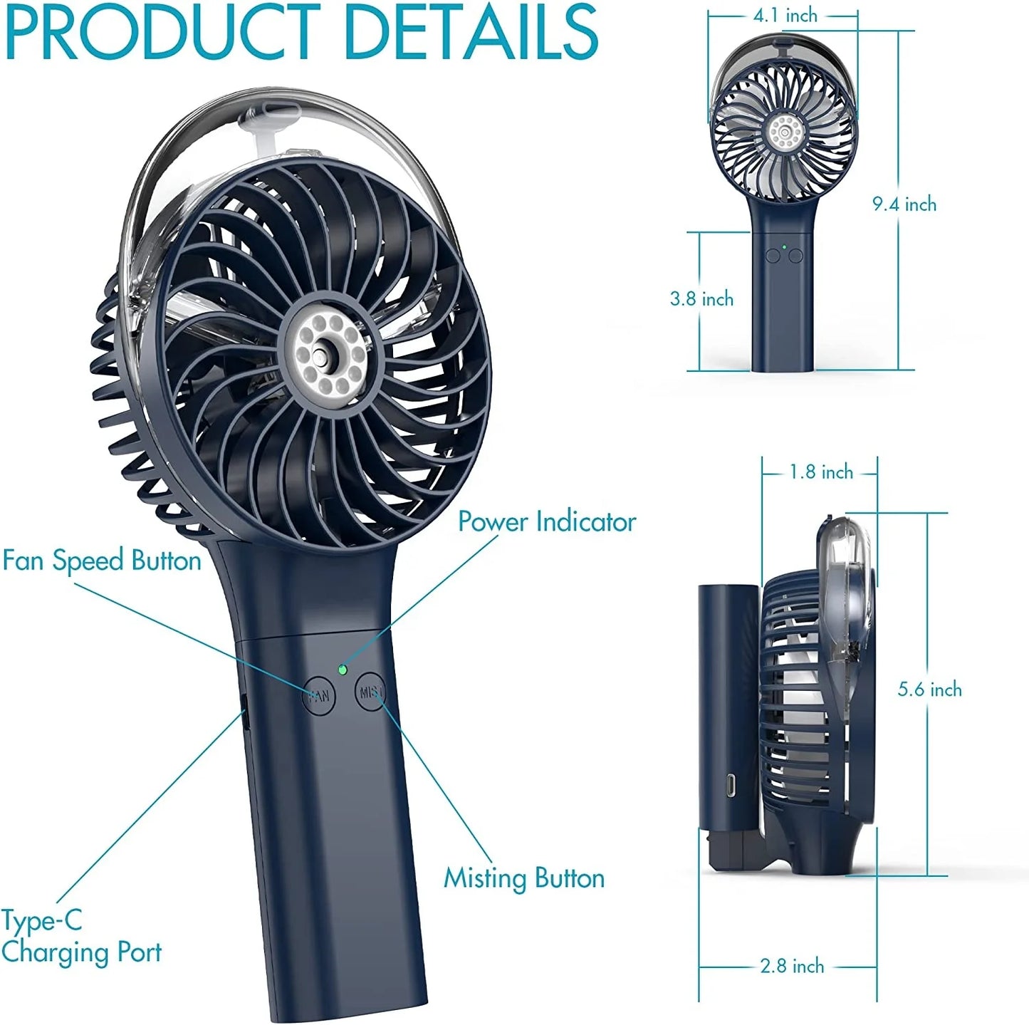 Mini Handheld Spray Fan 3000mAh Misting Function Foldable Design Portable Fan