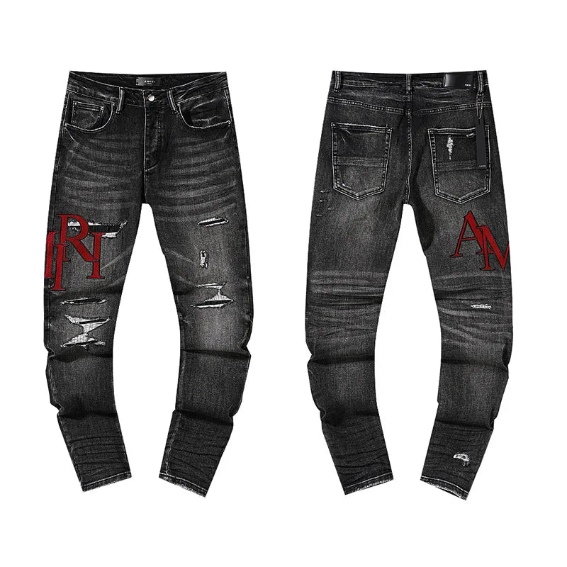 High Quality Luxury Designer Brand Amiriy Vintage Summer Mid Slim Fit Distressed Rhinestone 100% Cotton Denim Jeans Streetwear
