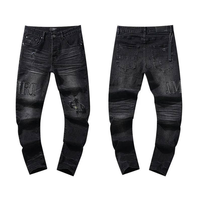 High Quality Luxury Designer Brand Amiriy Vintage Summer Mid Slim Fit Distressed Rhinestone 100% Cotton Denim Jeans Streetwear
