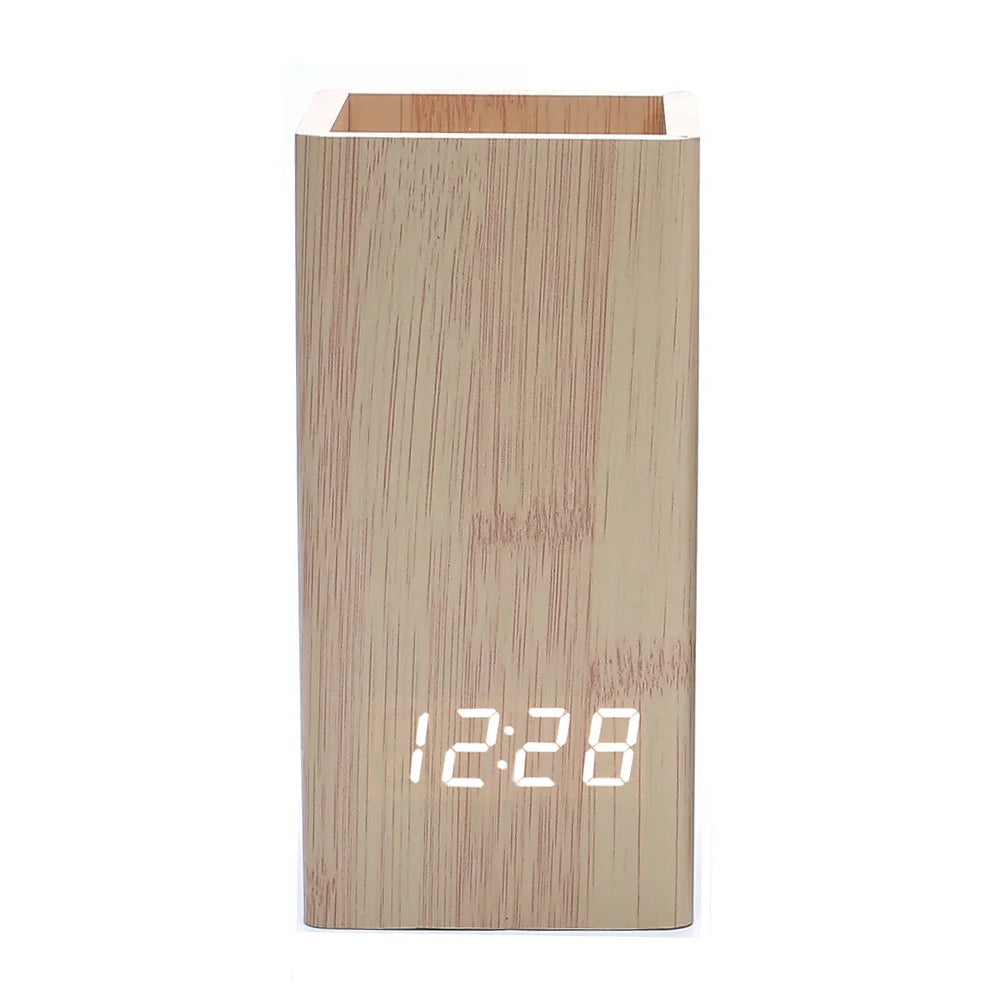 Wooden Alarm Clock Digital Temperature Pen Holder Table Clock for Gift Promotion with Cheapest Price Led Desk Clock logo Custom