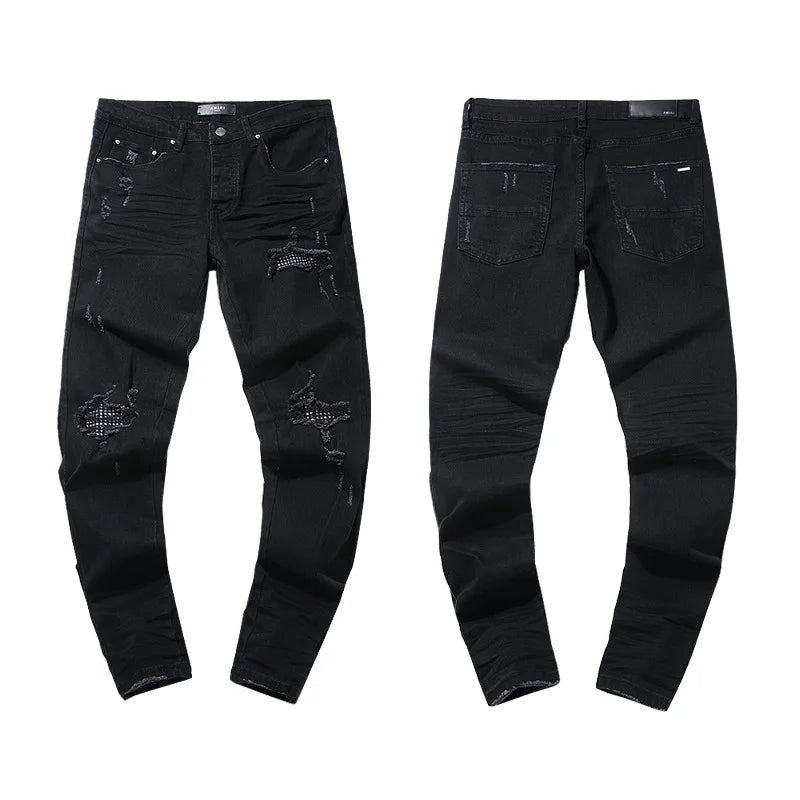 High Quality Luxury Designer Brand Amiriy Vintage Summer Mid Slim Fit Distressed Rhinestone 100% Cotton Denim Jeans Streetwear