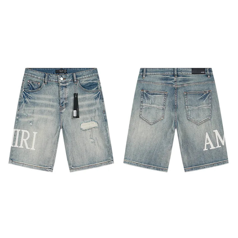 High Quality Luxury Designer Brand Amiriy Vintage Summer Mid Slim Fit Distressed Rhinestone 100% Cotton Denim Jeans Streetwear