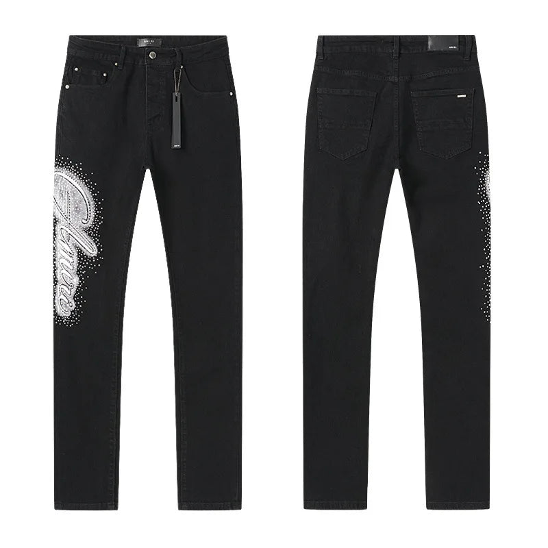 High Quality Luxury Designer Brand Amiriy Vintage Summer Mid Slim Fit Distressed Rhinestone 100% Cotton Denim Jeans Streetwear