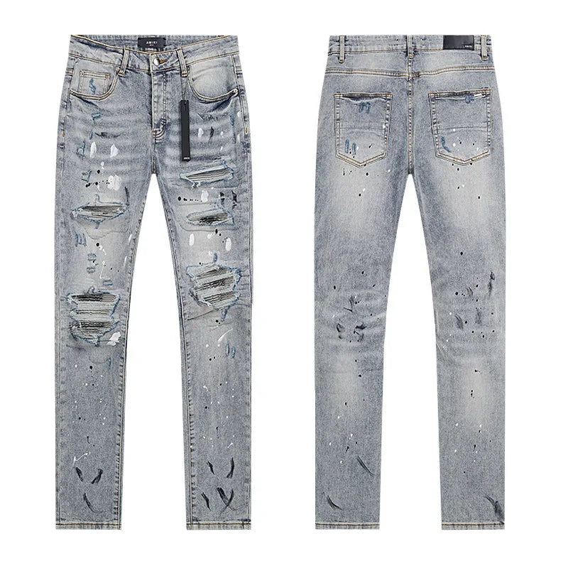 High Quality Luxury Designer Brand Amiriy Vintage Summer Mid Slim Fit Distressed Rhinestone 100% Cotton Denim Jeans Streetwear