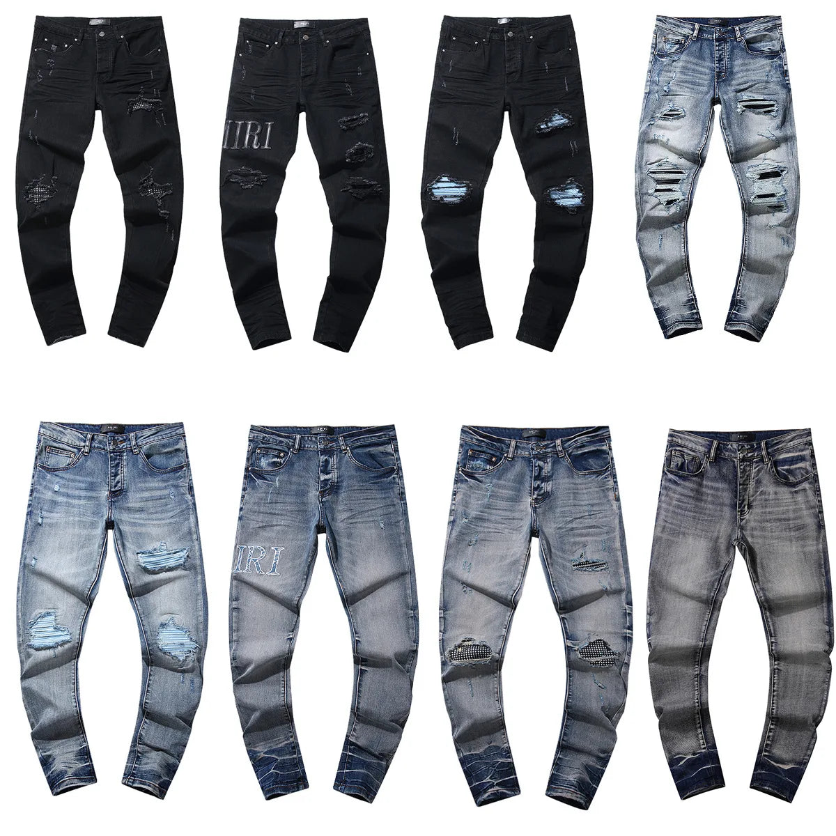 High Quality Luxury Designer Brand Amiriy Vintage Summer Mid Slim Fit Distressed Rhinestone 100% Cotton Denim Jeans Streetwear