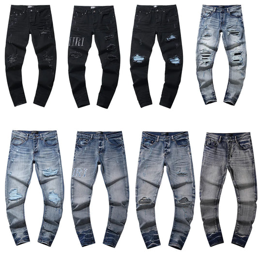High Quality Luxury Designer Brand Amiriy Vintage Summer Mid Slim Fit Distressed Rhinestone 100% Cotton Denim Jeans Streetwear