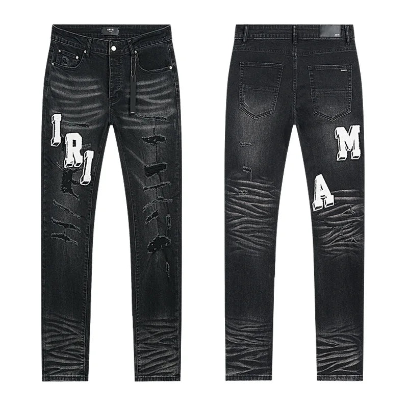 High Quality Luxury Designer Brand Amiriy Vintage Summer Mid Slim Fit Distressed Rhinestone 100% Cotton Denim Jeans Streetwear