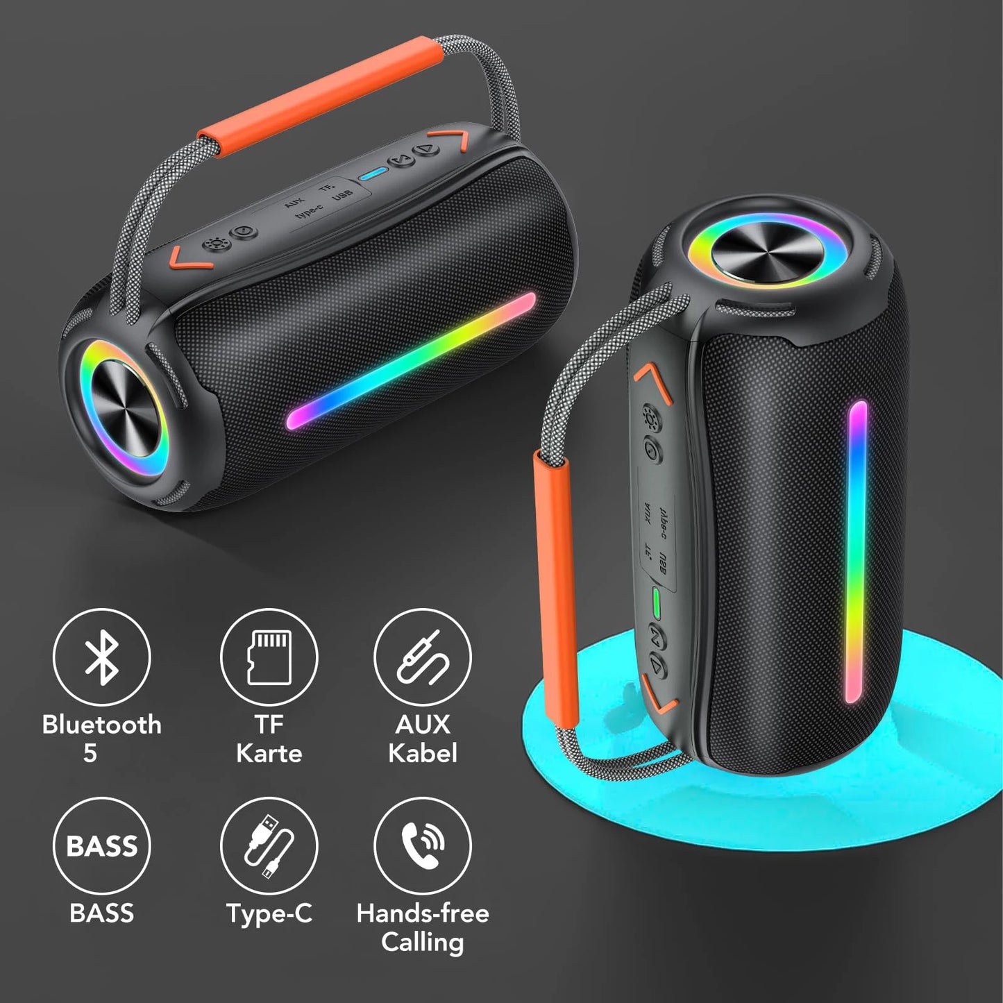 S360 RGB Lamp Subwoofers with FM Radio Support TF Card & USB Flash Drives Portable Handheld Bluetooth Speaker for Party Travel