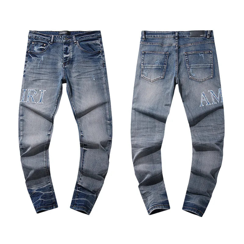 High Quality Luxury Designer Brand Amiriy Vintage Summer Mid Slim Fit Distressed Rhinestone 100% Cotton Denim Jeans Streetwear