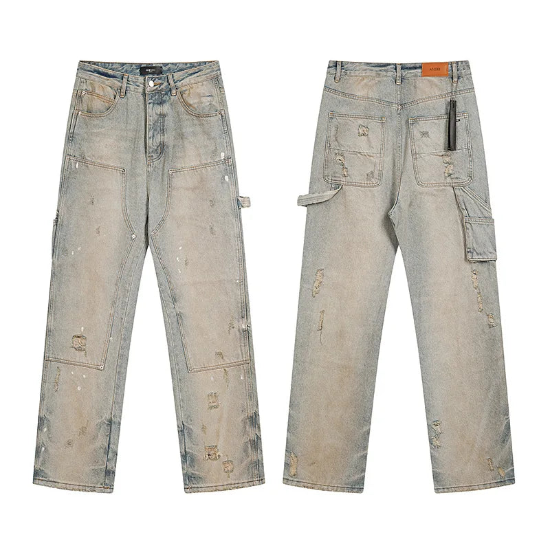 High Quality Luxury Designer Brand Amiriy Vintage Summer Mid Slim Fit Distressed Rhinestone 100% Cotton Denim Jeans Streetwear