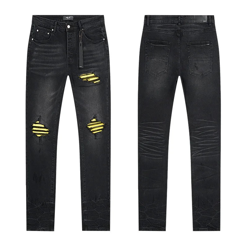 High Quality Luxury Designer Brand Amiriy Vintage Summer Mid Slim Fit Distressed Rhinestone 100% Cotton Denim Jeans Streetwear