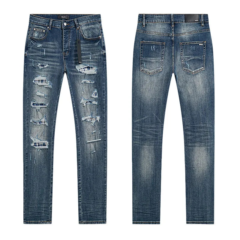 High Quality Luxury Designer Brand Amiriy Vintage Summer Mid Slim Fit Distressed Rhinestone 100% Cotton Denim Jeans Streetwear