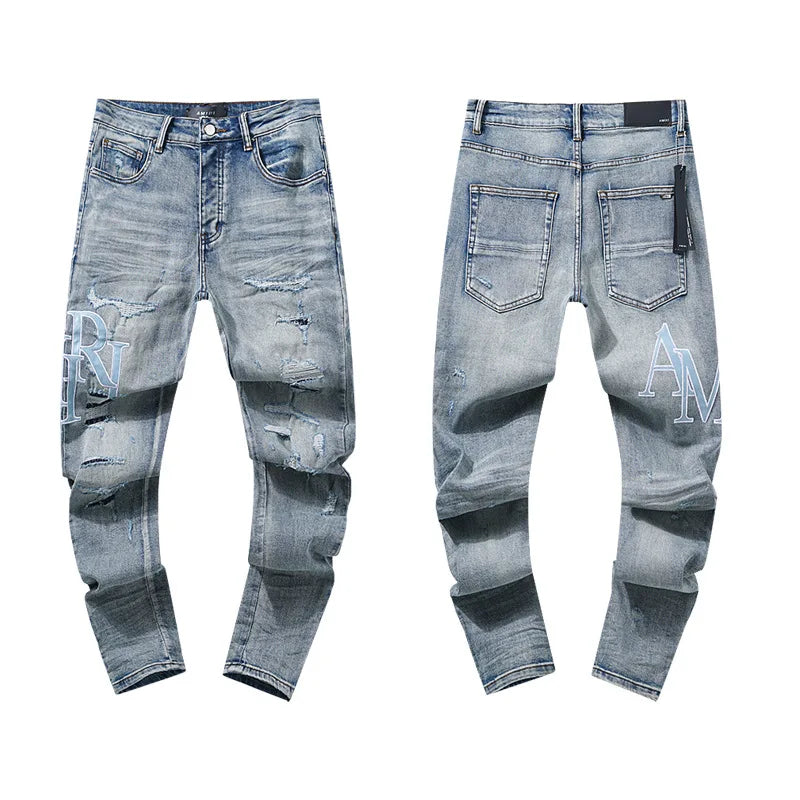 High Quality Luxury Designer Brand Amiriy Vintage Summer Mid Slim Fit Distressed Rhinestone 100% Cotton Denim Jeans Streetwear