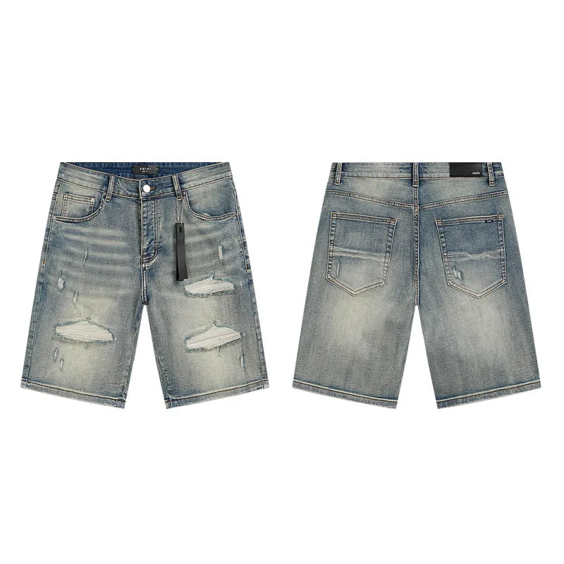 High Quality Luxury Designer Brand Amiriy Vintage Summer Mid Slim Fit Distressed Rhinestone 100% Cotton Denim Jeans Streetwear