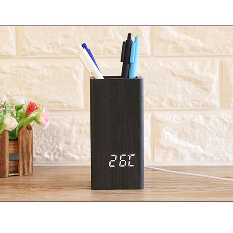 Wooden Alarm Clock Digital Temperature Pen Holder Table Clock for Gift Promotion with Cheapest Price Led Desk Clock logo Custom